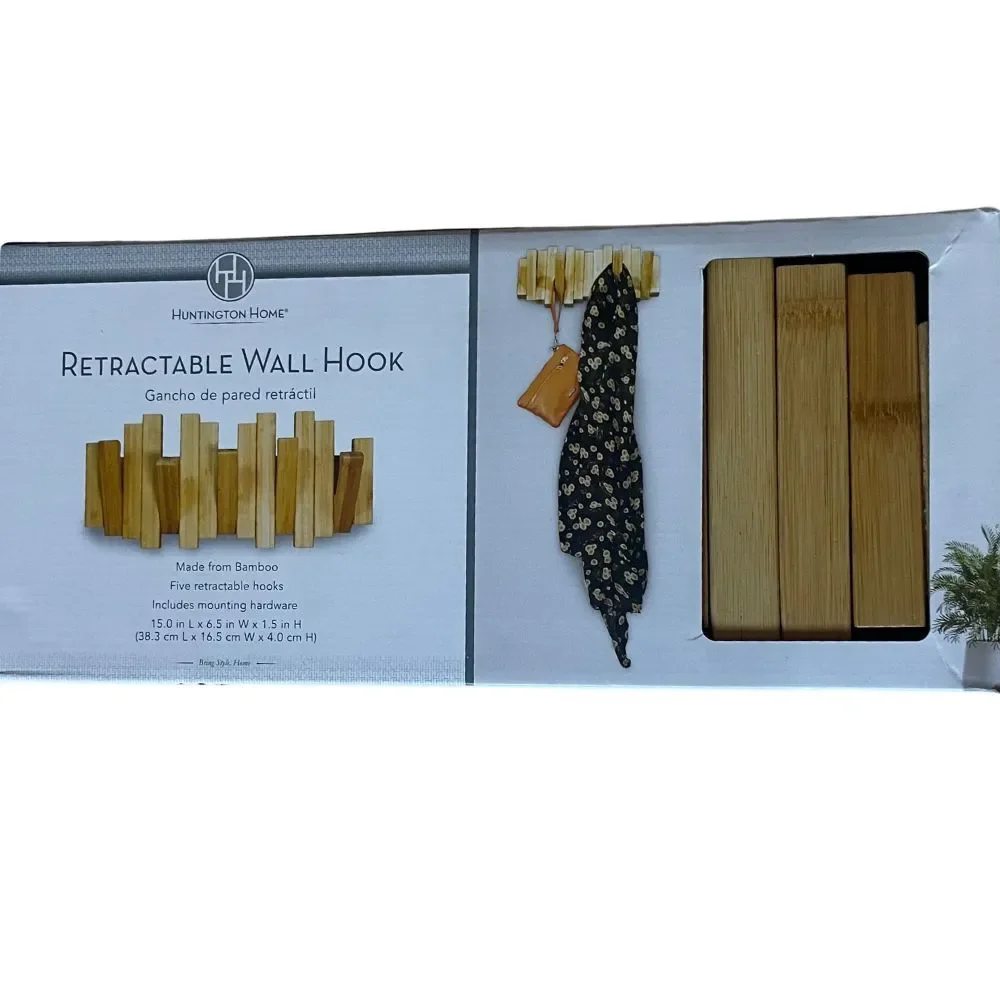 Retractable Bamboo Wall Hook Rack Space Saving Wooden Coat Hat Organizer 5 Hooks